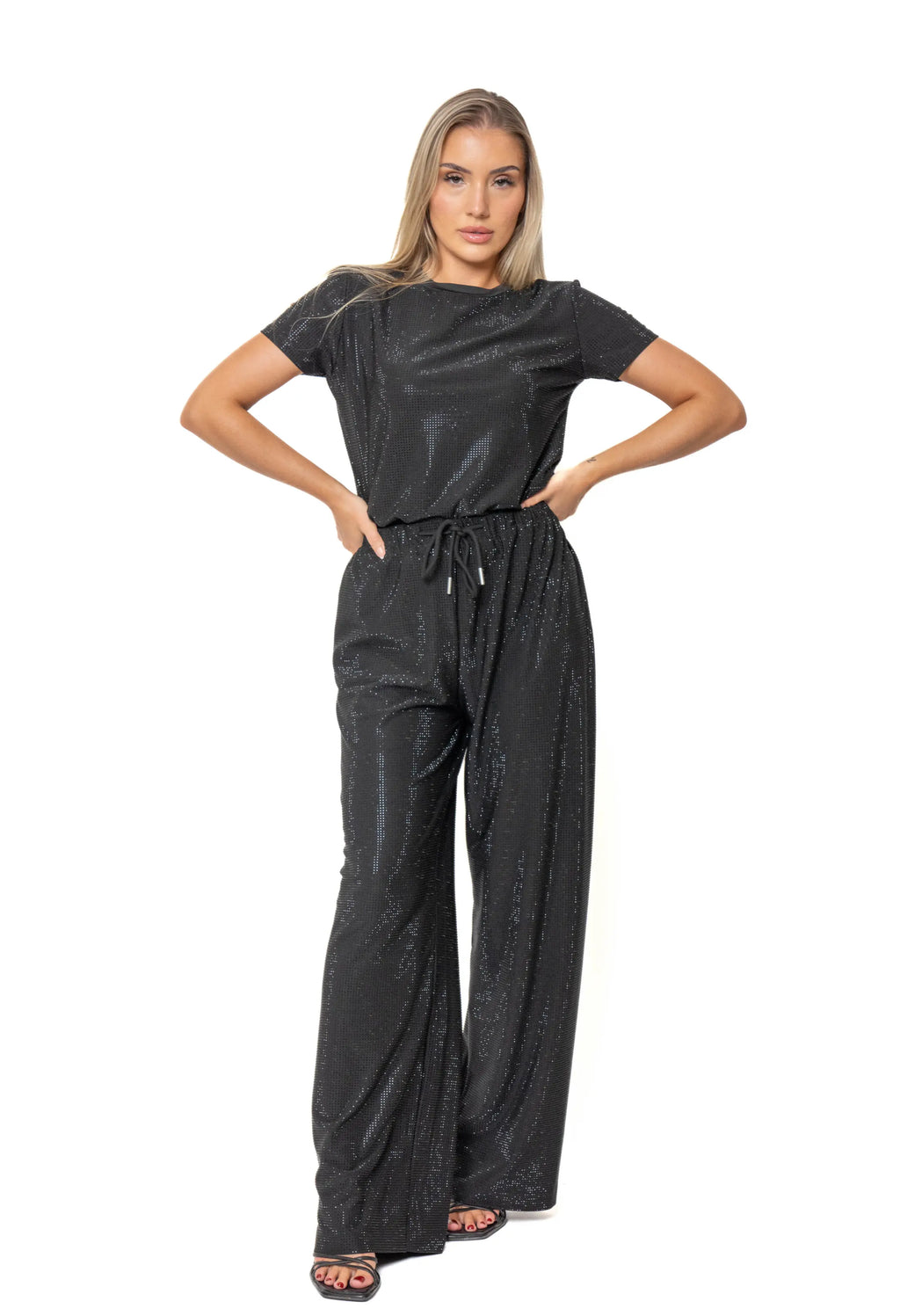 Anastasia Strass Wide Leg Pants - Black Strass