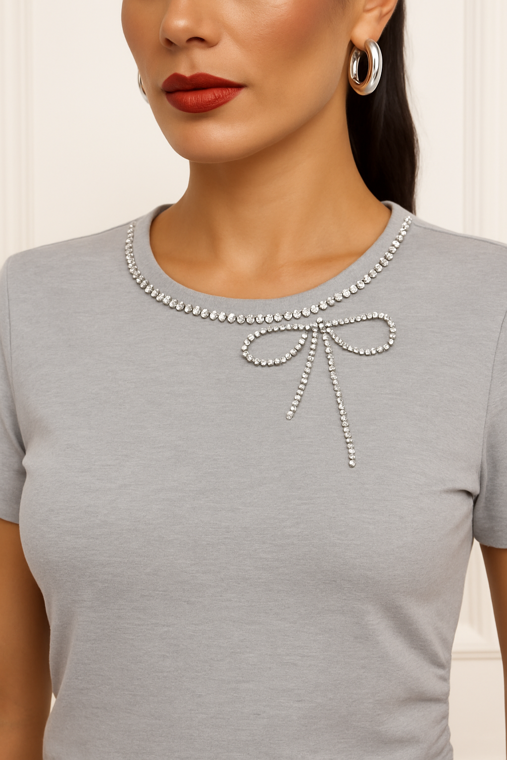 Lucie Embellished Bow Tee – Grey