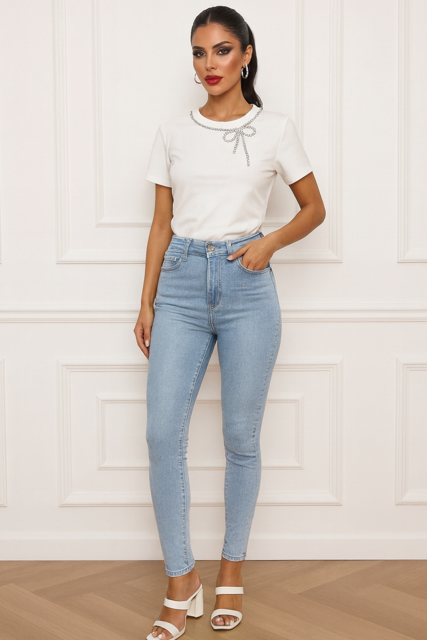 Lucie Embellished Bow Tee – White